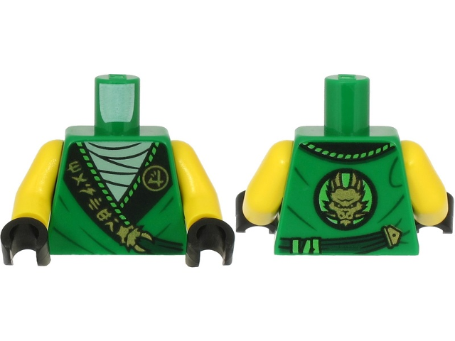 Display of LEGO part no. 973pb4056c01 which is a Green Torso Tunic, White Shirt, Wide Black Hems with Gold Ninjago Logogram 'MASTER' and Dragon Pattern / Yellow Arms / Black Hands 