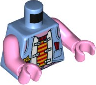 Display of LEGO part no. 973pb4102c01 which is a Medium Blue Torso Vest, Red and Yellow Undershirt, Pocket, Star and Pig on Back Pattern (Pigsy) / Bright Pink Arms / Bright Pink Hands 