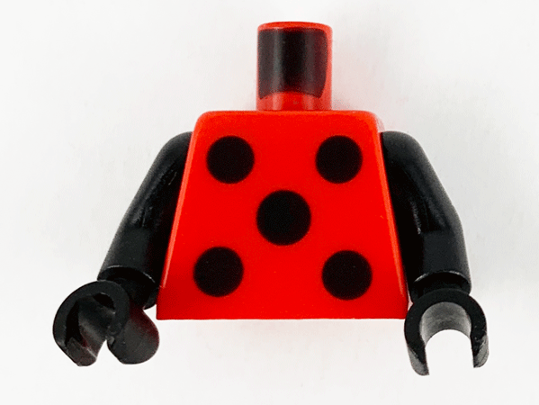 Display of LEGO part no. 973pb4131c01 which is a Red Torso with 5 Black Circles Pattern / Black Arms / Black Hands 