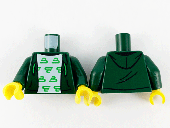Display of LEGO part no. 973pb4134c01 which is a Dark Green Torso Hoodie, White Shirt with Bright Green Blacktron 'B' Pattern / Arms / Yellow Hands 