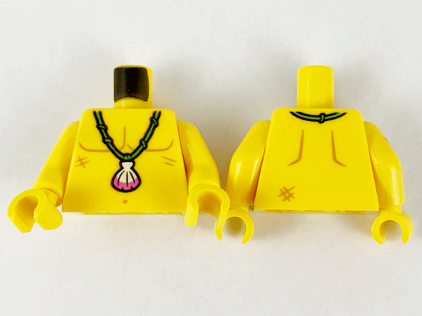 Display of LEGO part no. 973pb4135c01 which is a Yellow Torso Bare Chest Outline, Medium Nougat Scars and Bright Green Necklace with Shell Pattern / Arm Left / Arm Right with Anchor Tattoo Pattern / Hands 