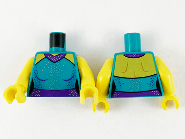 Display of LEGO part no. 973pb4142c01 which is a Dark Turquoise Torso Female Outline Dress, Yellow Shoulders, Dark Purple Collar and Belt, Silver and Dark Purple Dots Pattern / Yellow Arms / Yellow Hands 