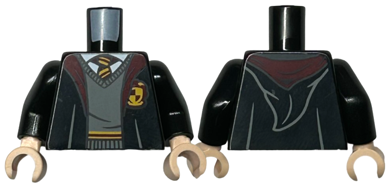 Display of LEGO part no. 973pb4303c01 which is a Black Torso Hogwarts Robe Open with Gryffindor Crest, Sweater, Shirt and Tie Pattern / Arms / Light Nougat Hands 