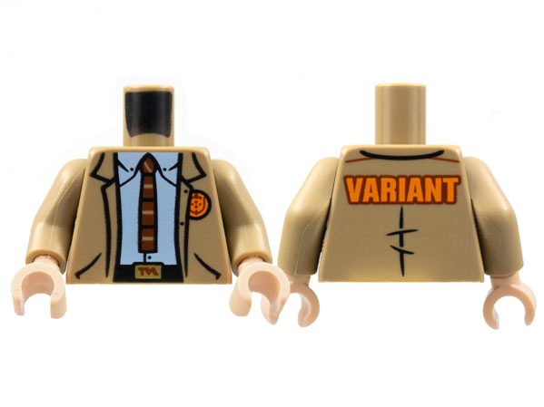 Display of LEGO part no. 973pb4409c01 which is a Dark Tan Torso Jacket, TVA Badge and Buckle, Light Bluish Gray Shirt, Reddish Brown Tie, Orange 'VARIANT' on Back Pattern / Arms / Light Nougat Hands 