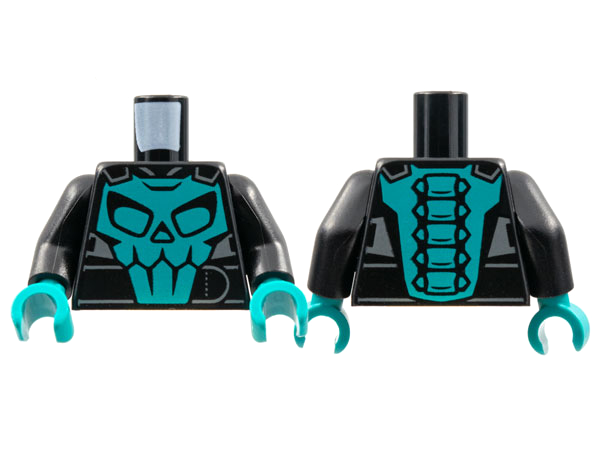 Display of LEGO part no. 973pb4452c01 which is a Black Torso Motorcycle Jacket, Dark Turquoise Skull on Front, Spine on Back Pattern / Arms / Dark Turquoise Hands 