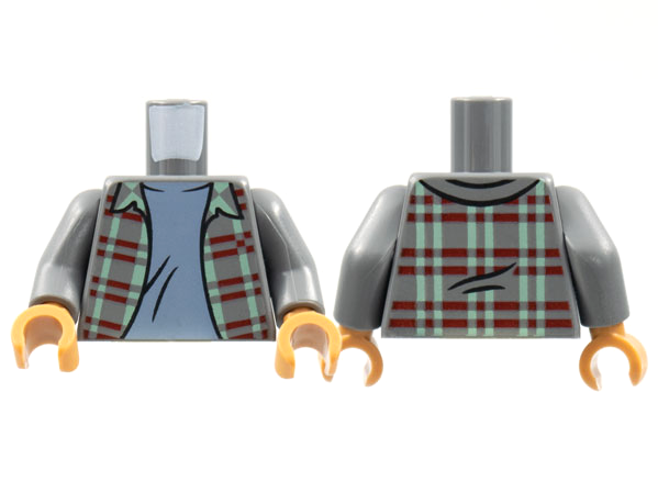 Display of LEGO part no. 973pb4456c01 Torso Jacket, Sand Green and Dark Red Plaid, Sand Blue T-Shirt Pattern / Arms / Medium Nougat Hands  which is a Dark Bluish Gray Torso Jacket, Sand Green and Dark Red Plaid, Sand Blue T-Shirt Pattern / Arms / Medium Nougat Hands 