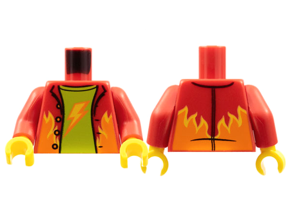 Display of LEGO part no. 973pb4470c01 which is a Red Torso Jacket, Orange and Yellow Flames, Lime Shirt, Lightning Bolt Pattern / Arms / Yellow Hands 