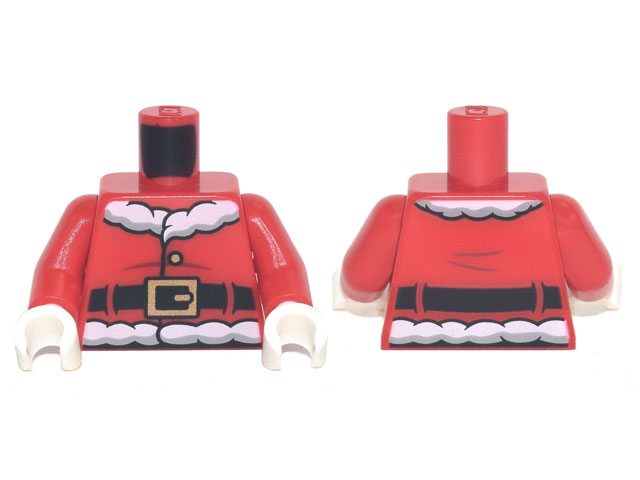 Display of LEGO part no. 973pb4487c01 which is a Red Torso Santa Jacket with White Fur Collar and Waistband, Black Belt with Gold Buckle Pattern / Arms / White Hands 