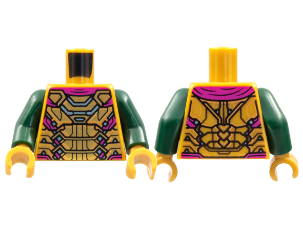 Display of LEGO part no. 973pb4526c01 Torso Armor, Magenta Cape, Silver and Medium Nougat Trim Pattern / Dark Green Arms / Hands  which is a Pearl Gold Torso Armor, Magenta Cape, Silver and Medium Nougat Trim Pattern / Dark Green Arms / Hands 