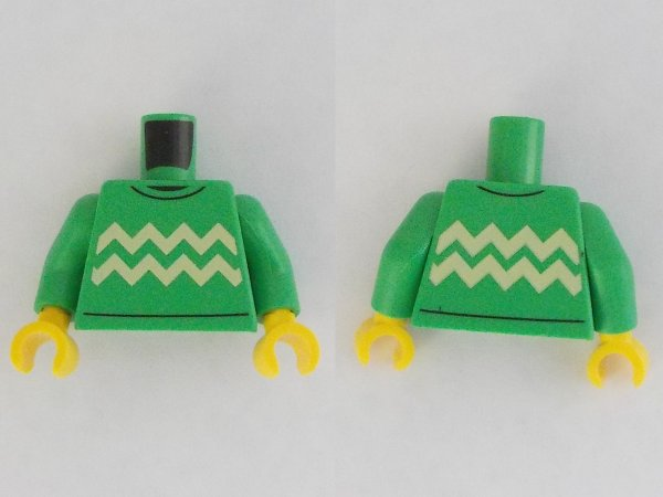 Display of LEGO part no. 973pb4536c01 Torso Sweater with Tan Zigzag Lines Pattern / Arms / Yellow Hands  which is a Bright Green Torso Sweater with Tan Zigzag Lines Pattern / Arms / Yellow Hands 