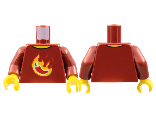 Display of LEGO part no. 973pb4560c01 which is a Dark Red Torso Red Chili Pepper in Yellow Flames Pattern / Arms / Yellow Hands 