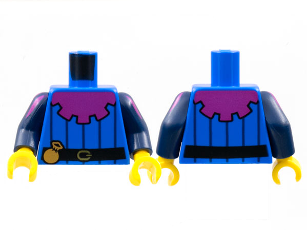 Display of LEGO part no. 973pb4561c01 which is a Blue Torso Magenta Mantle, 5 Dark Pinstripes, Black Belt with Pouch Pattern / Dark Arms with Magenta Shoulder Stripes Pattern / Yellow Hands 