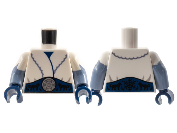 Display of LEGO part no. 973pb4562c01 which is a White Torso Fur Coat, Dark Blue Sash, Silver Snowflake, Black Dogs Pattern / Sand Blue Arms with Short Sleeves Jagged Edge Pattern / Dark Blue Hands 