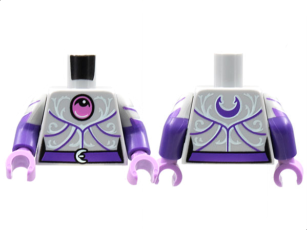 Display of LEGO part no. 973pb4567c01 which is a Light Bluish Gray Torso Female Jewel and Filigree Pattern / Dark Purple Arms with Short Sleeves, White Chevrons Pattern / Medium Lavender Hands 