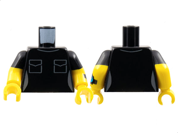 Display of LEGO part no. 973pb4569c01 which is a Black Torso Female Dark Bluish Gray Collar and Pockets Pattern / Yellow Arms with Molded Short Sleeves and Printed Dark Azure Watch on Left Arm Pattern / Yellow Hands 