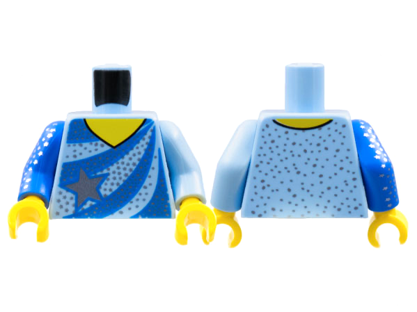Display of LEGO part no. 973pb4577c01 which is a Bright Light Blue Torso Ice Skating Leotard, Blue Stripes, Silver Star and Speckles Pattern / Arm Left / Blue Arm with Silver Star Speckles Right / Yellow Hands 