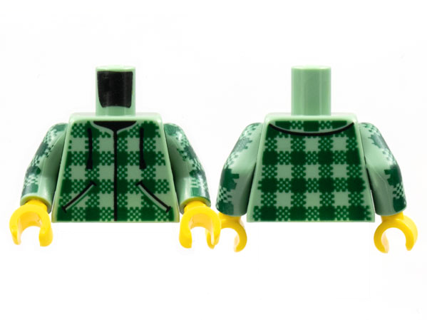 Display of LEGO part no. 973pb4578c01 which is a Sand Green Torso Baja Shirt, Dark Green Plaid, Black Drawstrings Pattern / Arms with Dark Green Plaid Pattern / Yellow Hands 