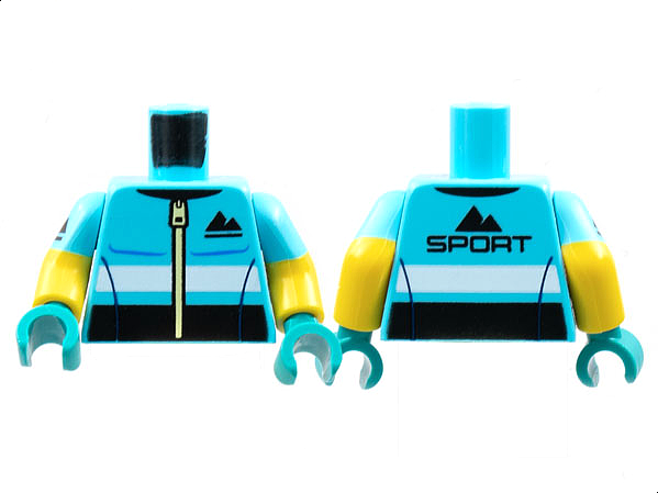 Display of LEGO part no. 973pb4579c01 which is a Medium Azure Torso Jacket Black Sport Mountains Logo Pattern / Yellow Arms with Short Sleeves and Black Sport Mountains on Right Arm Pattern / Dark Turquoise Hands 