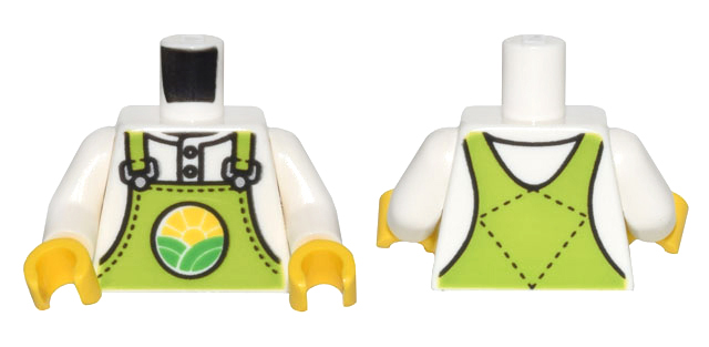 Display of LEGO part no. 973pb4738c01 which is a White Torso Lime Overalls with Bright Green Hills and Yellow Sun over Shirt Pattern / Arms / Yellow Hands 