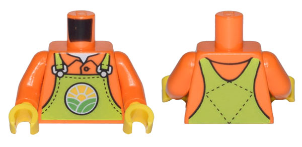 Display of LEGO part no. 973pb4739c01 which is a Orange Torso Lime Overalls with Bright Green Hills and Yellow Sun over Shirt with Collar Pattern / Arms / Yellow Hands 