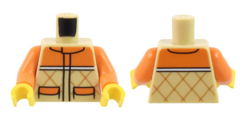 Display of LEGO part no. 973pb4740c01 which is a Tan Torso Orange Quilted Vest with 2 Pockets and White Stripe Pattern / Orange Arms / Yellow Hands 