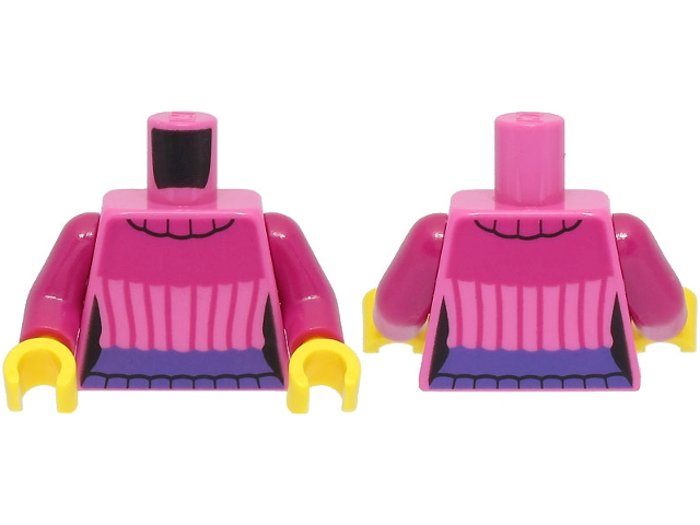 Display of LEGO part 973pb4779c01 Dark Pink Torso Female Outline, Sweater with Magenta Collar and Stripes, Dark Purple Waistband Pattern / Magenta Arms / Yellow Hands