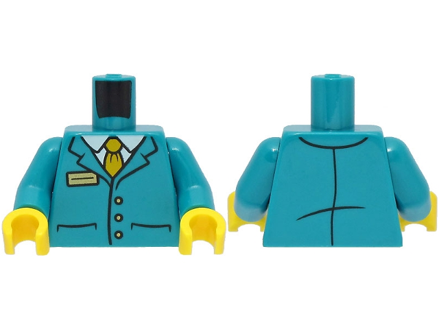 Display of LEGO part 973pb4785c01 Dark Turquoise Torso Suit Jacket with 3 Buttons and Pockets over White Shirt, Bright Light Orange Tie, Gold Badge Pattern / Dark Turquoise Arms / Yellow Hands