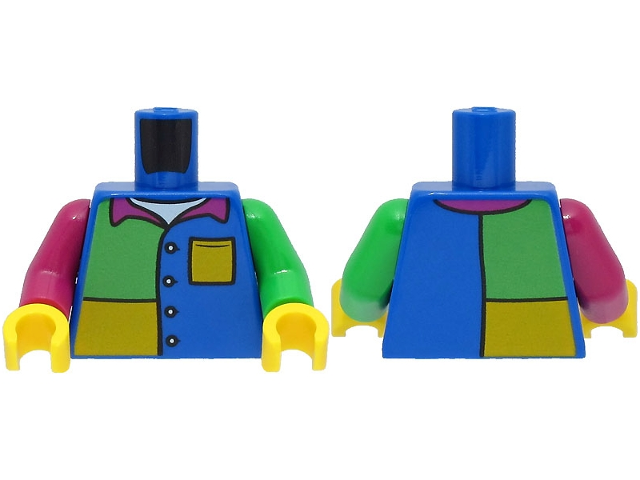 Display of LEGO part 973pb4787c01 Blue  Torso Jacket over White Shirt, Magenta Collar, Bright Light Orange and Bright Green Panels Pattern / Bright Green Arm Left / Magenta Arm Right / Yellow Hands