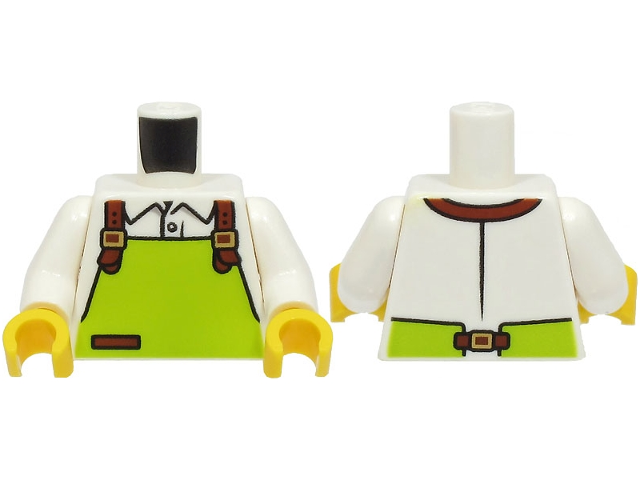 Display of LEGO part 973pb4860c01 White Torso Shirt and Lime Apron with Reddish Brown Pocket and Straps with Gold Buckles Pattern / White Arms / Yellow Hands
