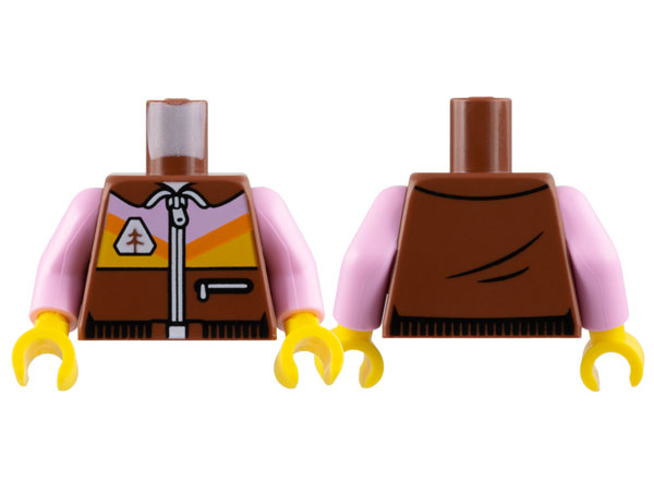 Display of LEGO part no. 973pb5016c01 which is a Reddish Brown Torso Jacket, White Zipper, Bright Pink and Bright Light Orange Panel with Orange Diagonal Stripe Pattern / Bright Pink Arms / Yellow Hands 