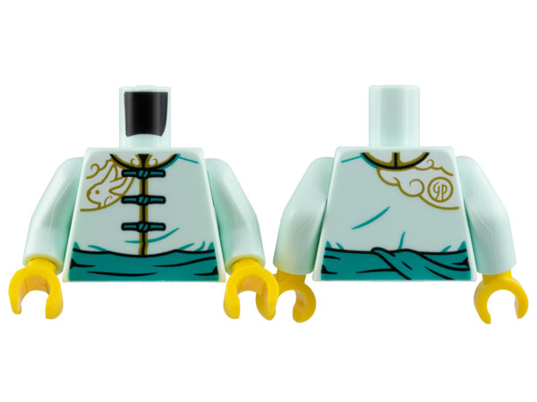 Display of LEGO part no. 973pb5020c01 which is a Light Aqua Torso Tang Jacket, Dark Turquoise Laces and Sash, Gold Trim, Rabbit, and Cloud Pattern / Arms / Yellow Hands 
