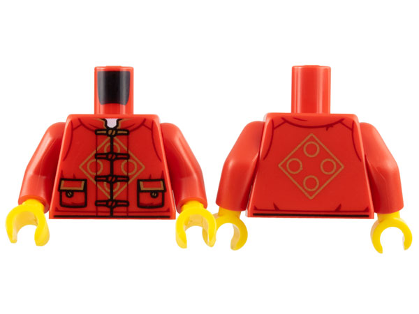 Display of LEGO part no. 973pb5021c01 which is a Red Torso Tang Jacket with Laces, Gold Circles in Diamond, 2 Pockets Pattern / Arms / Yellow Hands 