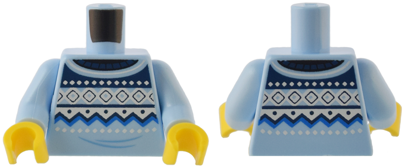 Display of LEGO part no. 973pb5102c01 which is a Bright Light Blue Torso Fair Isle Sweater with Dark Blue, Blue, and White Geometric Shapes and Zigzag Lines Pattern / Arms / Yellow Hands 