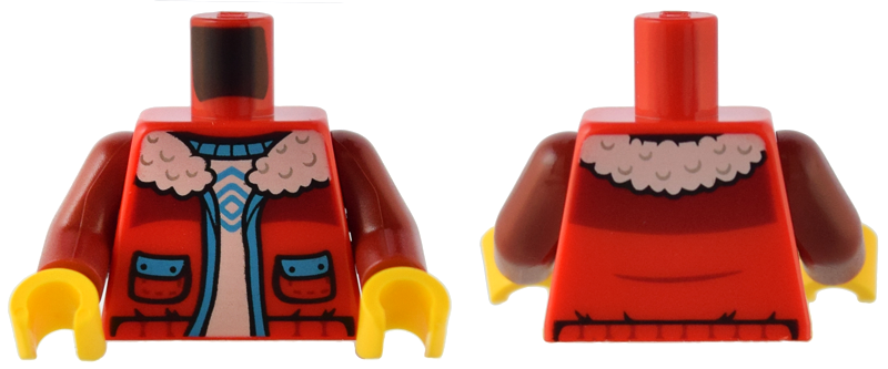 Display of LEGO part no. 973pb5103c01 which is a Red Torso Jacket with White Fleece Collar, Dark Azure Trim and Pockets over White Shirt Pattern / Dark Arms / Yellow Hands 