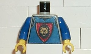 Display of LEGO part no. 973px118c01 Torso Castle Knights Kingdom Vest, Shield and Lion Head Pattern / Blue Arms / Yellow Hands  which is a Light Gray Torso Castle Knights Kingdom Vest, Shield and Lion Head Pattern / Blue Arms / Yellow Hands 