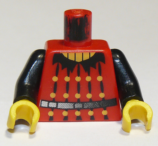 Display of LEGO part no. 973px125c01 Torso Castle Fright Knights Bat Lord Tunic Pattern / Black Arms / Yellow Hands  which is a Red Torso Castle Fright Knights Bat Lord Tunic Pattern / Black Arms / Yellow Hands 
