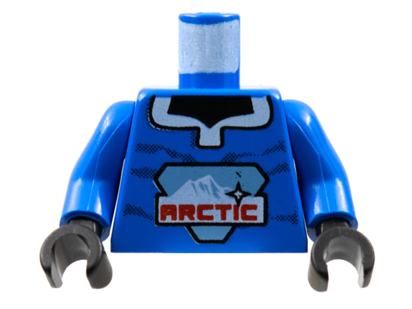 Display of LEGO part no. 973px140c01 Torso Arctic Logo Large on Open Collar Pullover Pattern / Arms / Black Hands  which is a Blue Torso Arctic Logo Large on Open Collar Pullover Pattern / Arms / Black Hands 