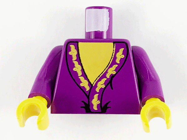 Display of LEGO part no. 973px149c01 Torso Harry Potter Dumbledore Pattern / Arms / Yellow Hands  which is a Purple Torso Harry Potter Dumbledore Pattern / Arms / Yellow Hands 