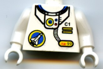 Display of LEGO part no. 973px176c01 Torso Space Port Logo, Tube and 'C1' with Two Yellow Bars Pattern / Arms / Hands  which is a White Torso Space Port Logo, Tube and 'C1' with Two Yellow Bars Pattern / Arms / Hands 