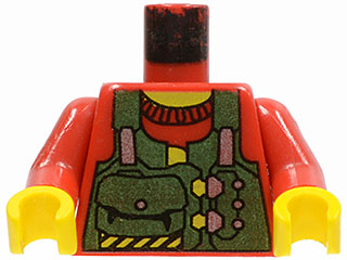 Display of LEGO part no. 973px25c01 Torso Rock Raiders Green Vest with Pouches Pattern (Bandit) / Arms / Yellow Hands  which is a Red Torso Rock Raiders Green Vest with Pouches Pattern (Bandit) / Arms / Yellow Hands 