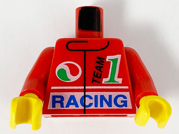 Display of LEGO part no. 973px36c01 Torso Jacket, Octan Logo, Black 'TEAM', Green Number 1, Blue 'RACING' Pattern / Arms / Yellow Hands  which is a Red Torso Jacket, Octan Logo, Black 'TEAM', Green Number 1, Blue 'RACING' Pattern / Arms / Yellow Hands 