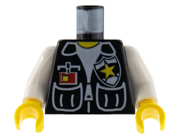 Display of LEGO part no. 973px67c01 which is a Black Torso Police Vest, White Shirt, ID, Yellow Star Badge Pattern / White Arms / Yellow Hands 