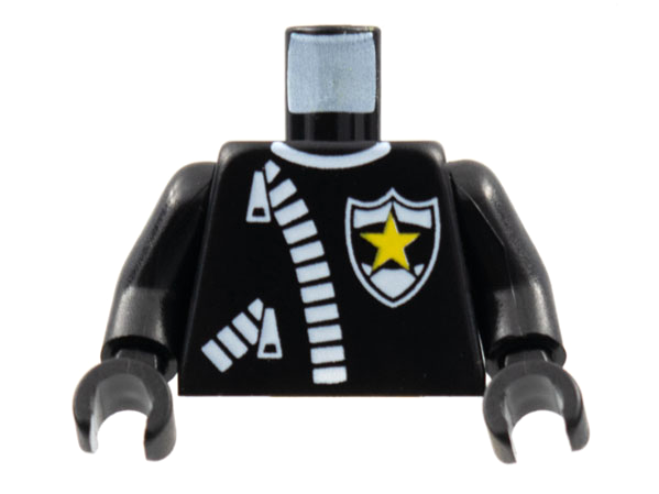 Display of LEGO part no. 973px9c01 Torso Police Leather Jacket with Thick White Zippers and Badge with Yellow Star Pattern / Arms / Hands  which is a Black Torso Police Leather Jacket with Thick White Zippers and Badge with Yellow Star Pattern / Arms / Hands 