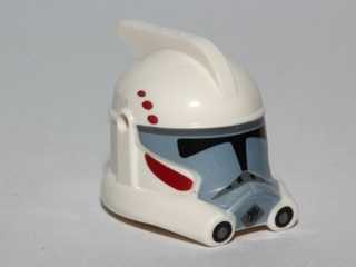 Display of LEGO part no. 98099pb01 which is a White Minifigure, Headgear Helmet SW ARC Clone Trooper with Dark Red and Dark Bluish Gray Pattern 
