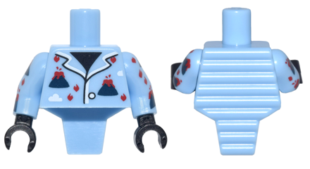 Display of LEGO part no. 98127pb02c01 which is a Bright Light Blue Torso, Modified Short with Ridged Armor with Volcano Pajamas Pattern / Arms with Volcano Pajamas Pattern / Black Hands 