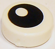 Display of LEGO part no. 98138pb007 Tile, Round 1 x 1 with Black Eye with Pupil Pattern  which is a White Tile, Round 1 x 1 with Black Eye with Pupil Pattern 