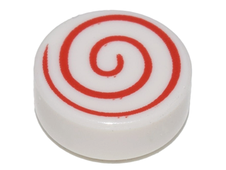 Display of LEGO part no. 98138pb013 which is a White Tile, Round 1 x 1 with Red Spiral Pattern 