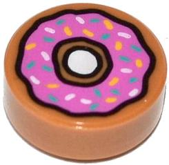 Display of LEGO part no. 98138pb021 Tile, Round 1 x 1 with Donut / Doughnut with Dark Pink Frosting and Sprinkles Pattern  which is a Medium Nougat Tile, Round 1 x 1 with Donut / Doughnut with Dark Pink Frosting and Sprinkles Pattern 