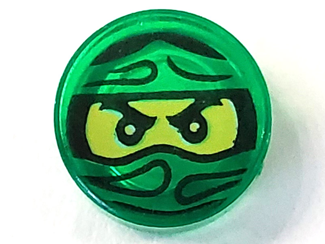 Display of LEGO part no. 98138pb047 Tile, Round 1 x 1 with Ninjago Trapped Lloyd Pattern  which is a Trans-Green Tile, Round 1 x 1 with Ninjago Trapped Lloyd Pattern 