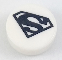 Display of LEGO part no. 98138pb082 which is a White Tile, Round 1 x 1 with Black Superman Logo Pattern 